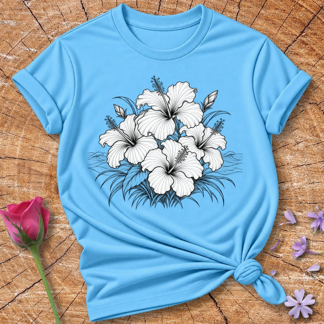 Hibiscus Bloom Cluster — Fine Line Botanical T-Shirt for Women in Sky