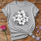 Hibiscus Bloom Cluster — Fine Line Botanical T-Shirt for Women in Sport Grey