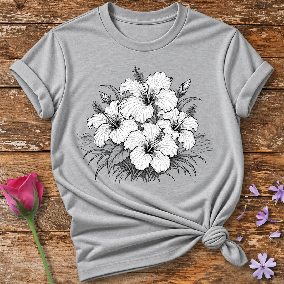 Hibiscus Bloom Cluster — Fine Line Botanical T-Shirt for Women in Sport Grey