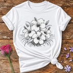 Hibiscus Bloom Cluster — Fine Line Botanical T-Shirt for Women in White