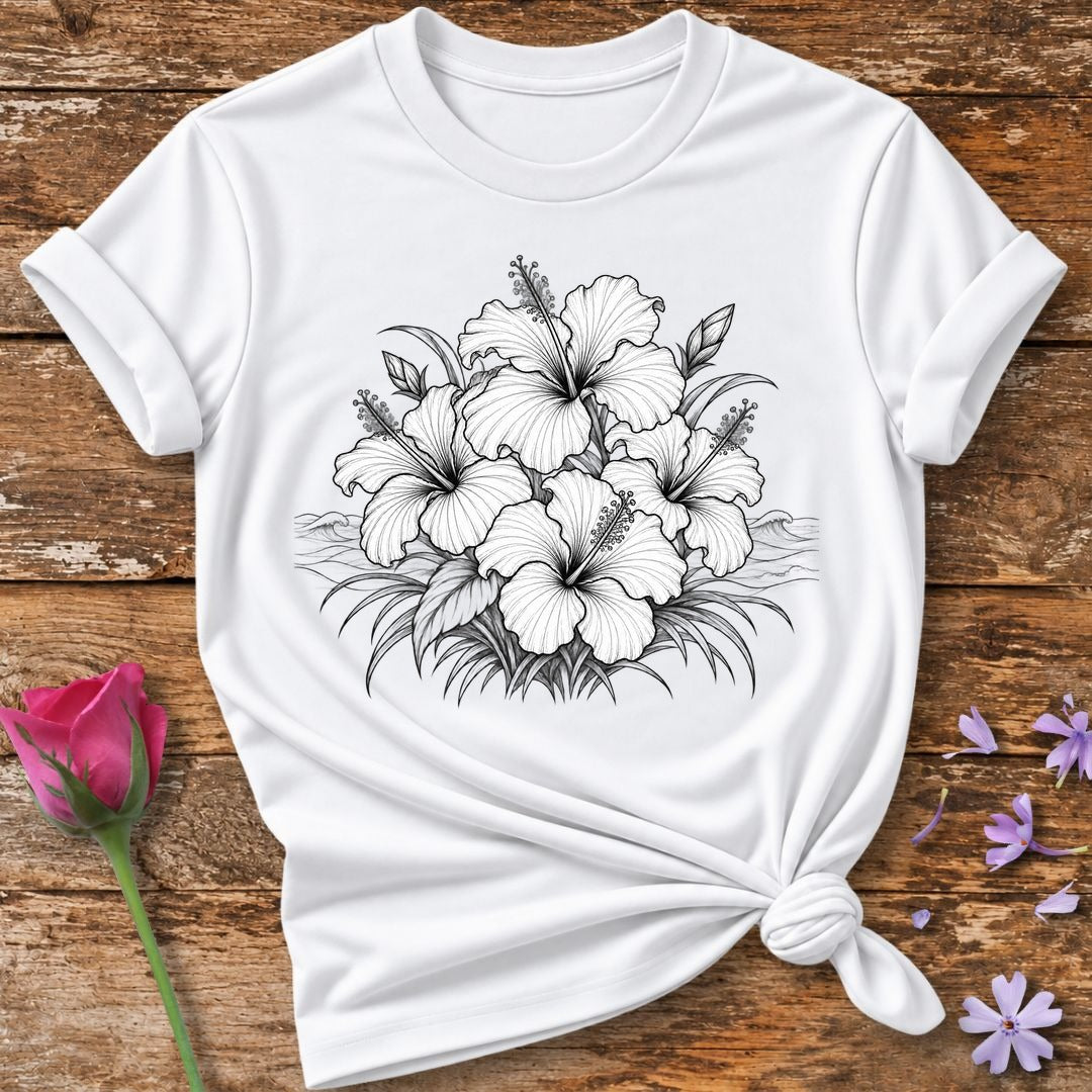 Hibiscus Bloom Cluster — Fine Line Botanical T-Shirt for Women in White