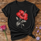 Hibiscus Line Study — Monochrome Botanical Accent T-Shirt for Women in Black