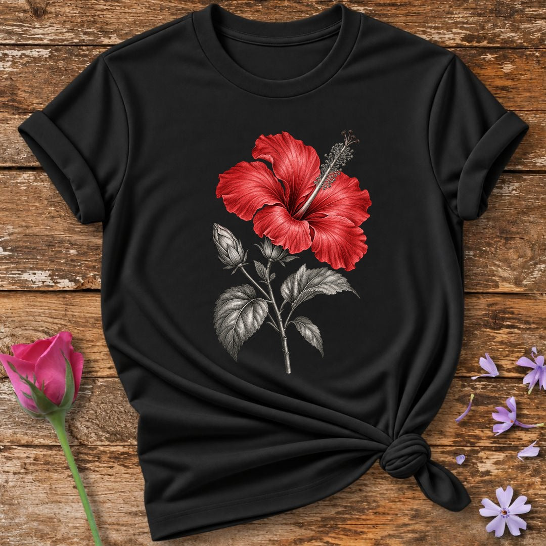 Hibiscus Line Study — Monochrome Botanical Accent T-Shirt for Women in Black