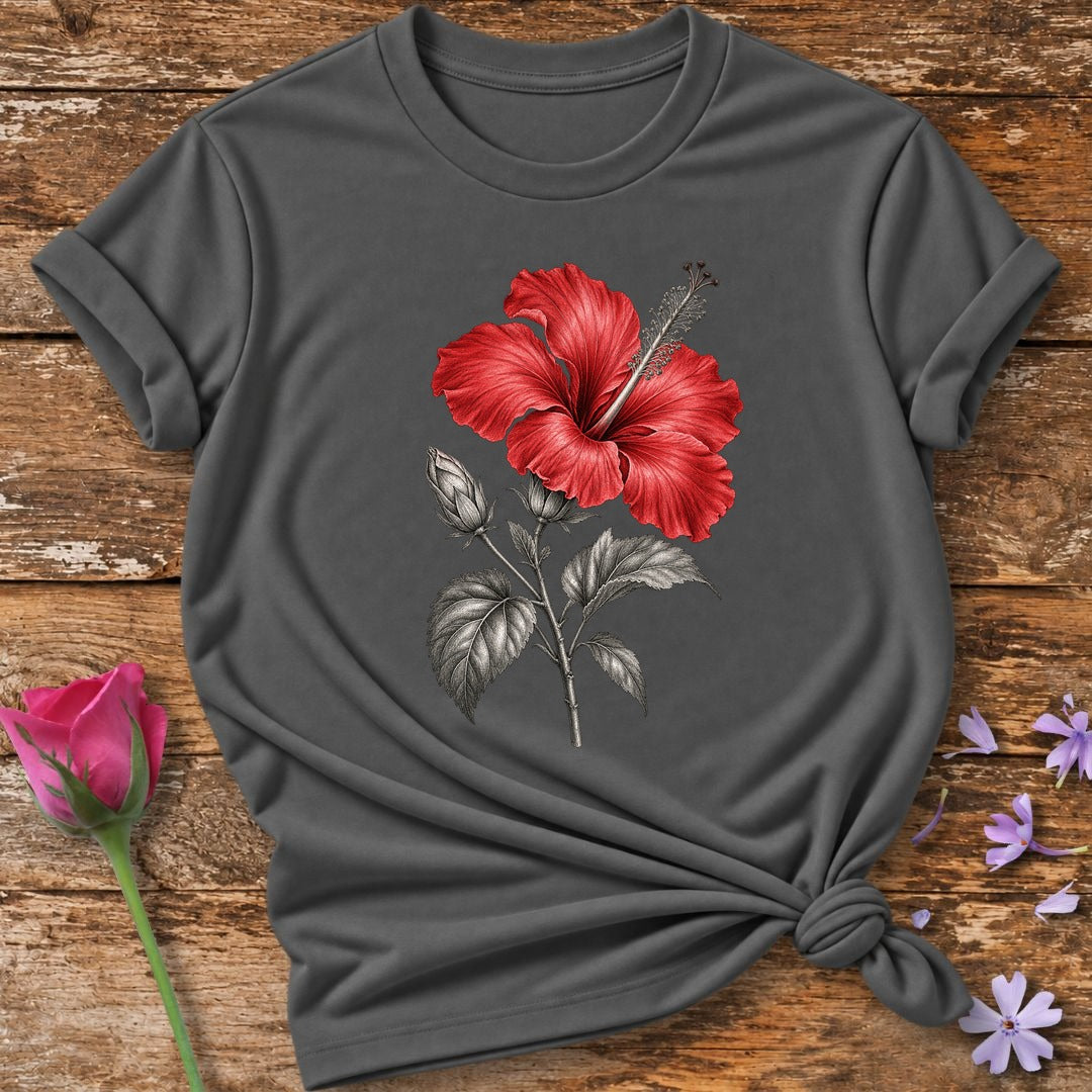Hibiscus Line Study — Monochrome Botanical Accent T-Shirt for Women in Charcoal