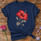 Hibiscus Line Study — Monochrome Botanical Accent T-Shirt for Women in Navy