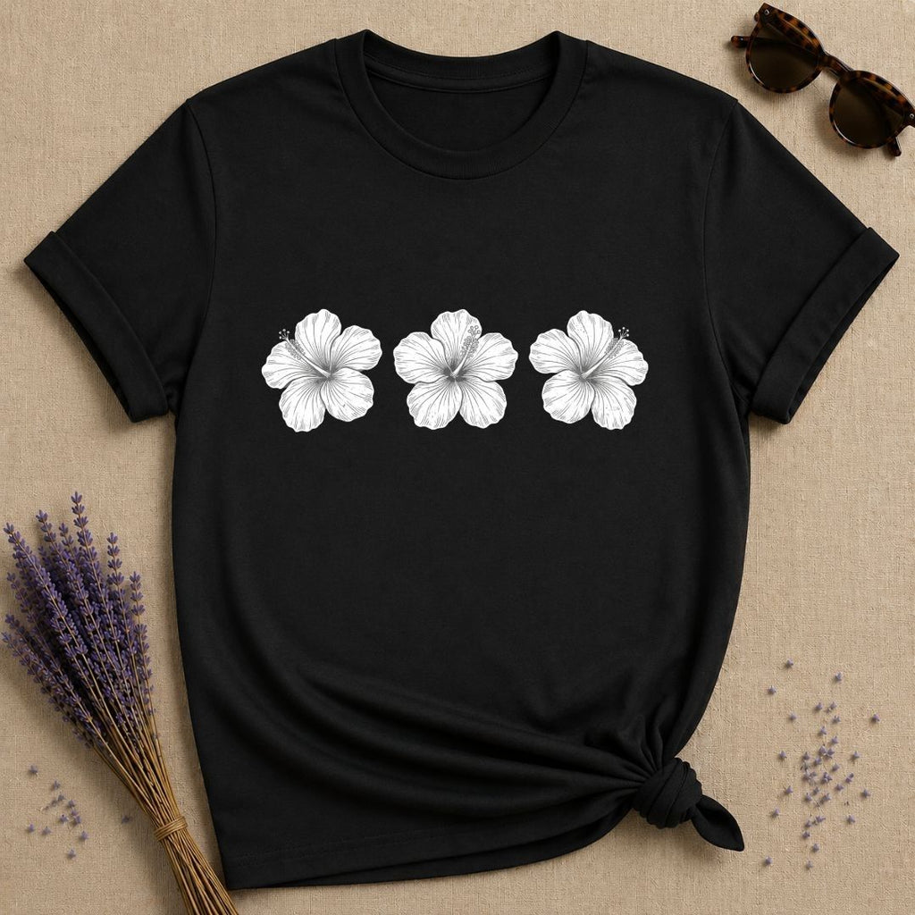 Hibiscus Trio — Botanical Line Art Graphic T-Shirt for Women in Black