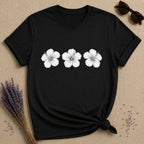 Hibiscus Trio — Botanical Line Art Graphic T-Shirt for Women in Black