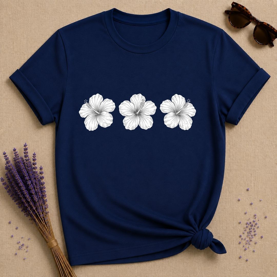 Hibiscus Trio — Botanical Line Art Graphic T-Shirt for Women in Navy