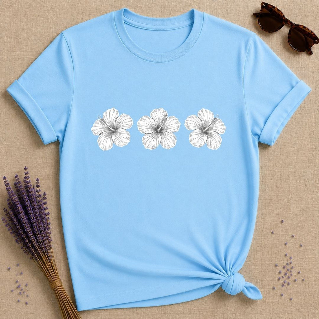 Hibiscus Trio — Botanical Line Art Graphic T-Shirt for Women in Sky