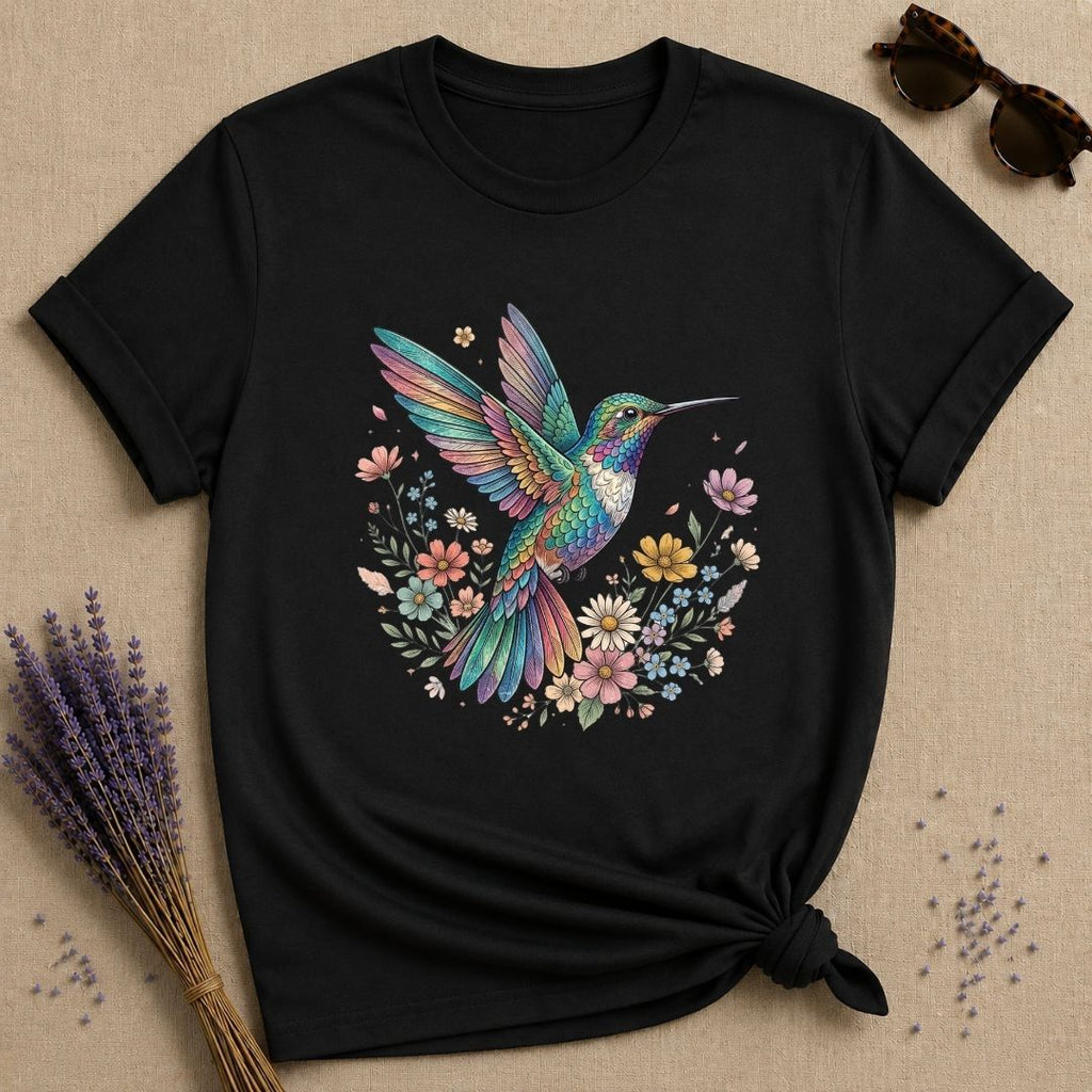 Hummingbird in Bloom — Watercolor Botanical Graphic T-Shirt for Women in Black