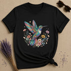 Hummingbird in Bloom — Watercolor Botanical Graphic T-Shirt for Women in Black
