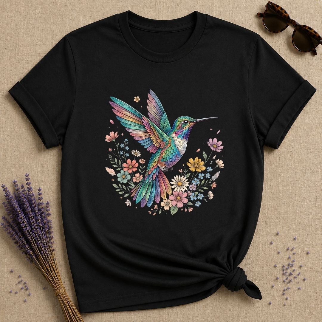 Hummingbird in Bloom — Watercolor Botanical Graphic T-Shirt for Women in Black