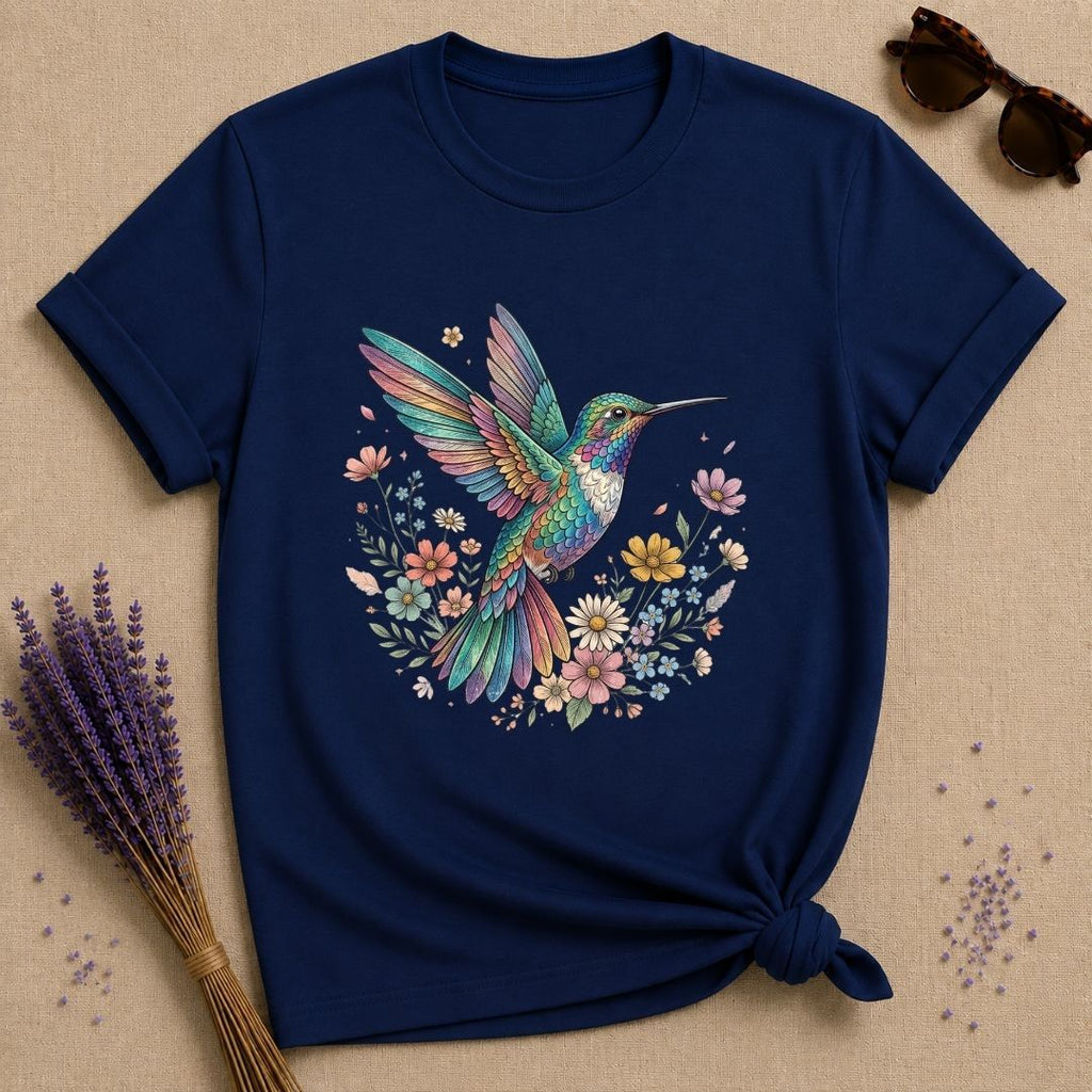 Hummingbird in Bloom — Watercolor Botanical Graphic T-Shirt for Women in Navy
