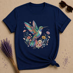 Hummingbird in Bloom — Watercolor Botanical Graphic T-Shirt for Women in Navy