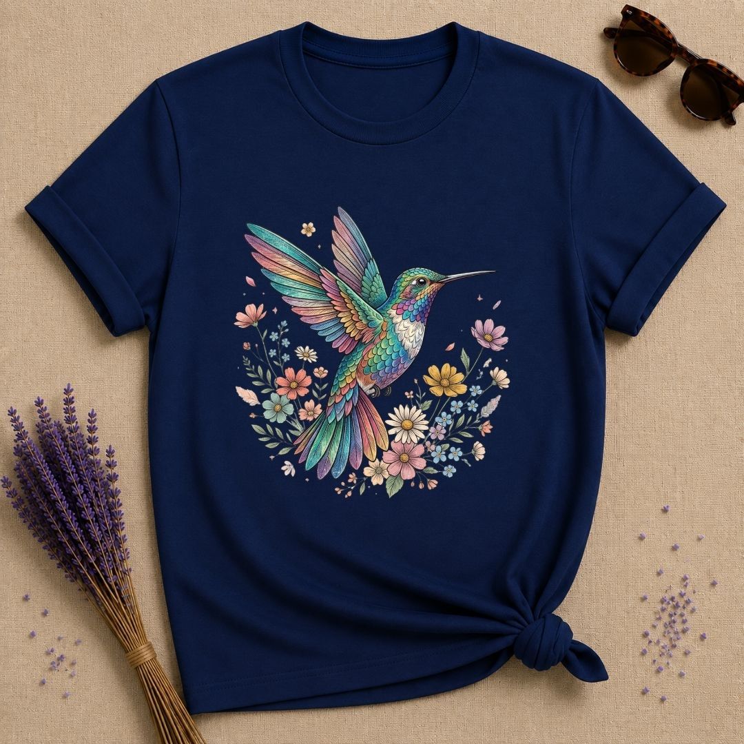 Hummingbird in Bloom — Watercolor Botanical Graphic T-Shirt for Women in Navy