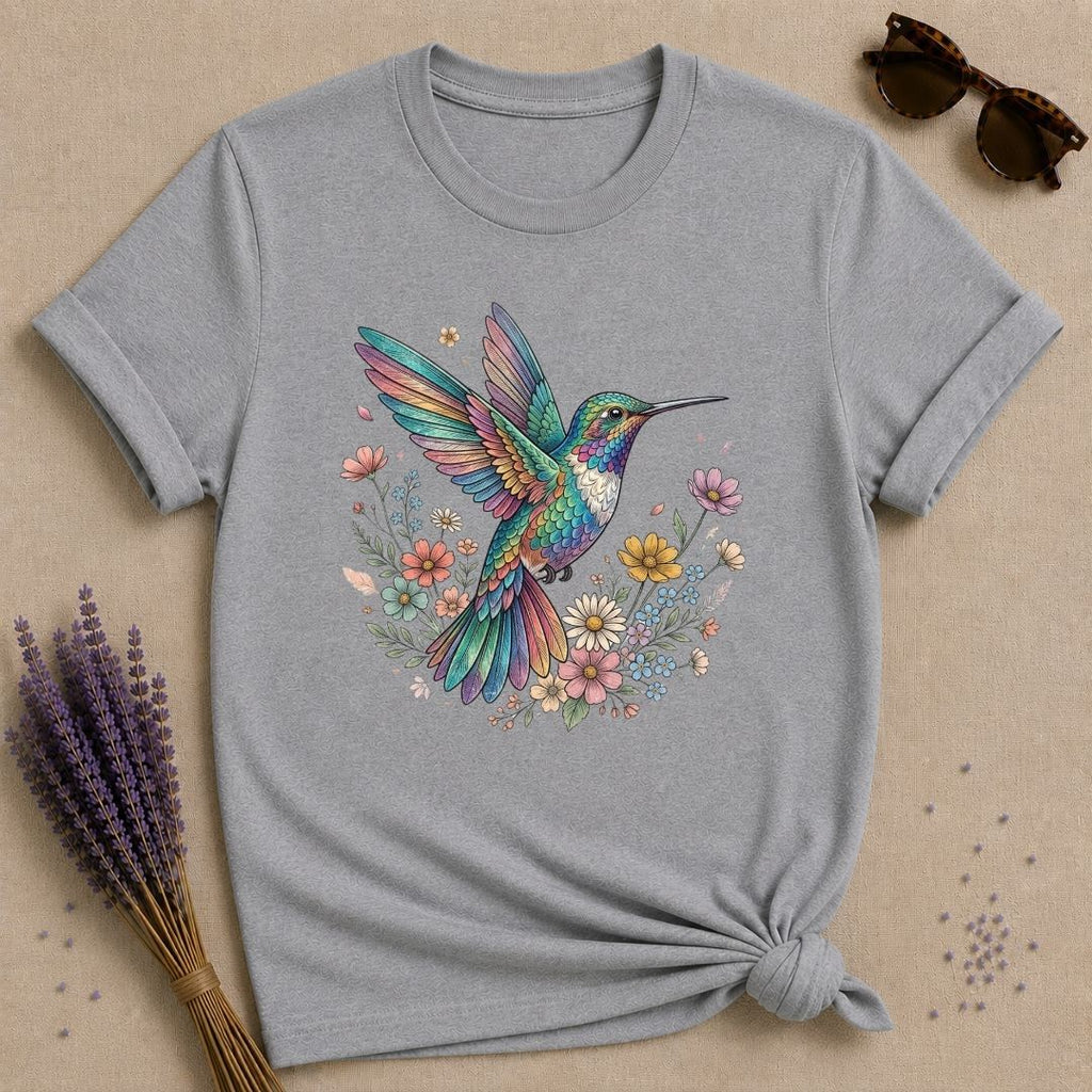 Hummingbird in Bloom — Watercolor Botanical Graphic T-Shirt for Women in Sport Grey