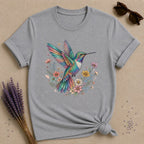 Hummingbird in Bloom — Watercolor Botanical Graphic T-Shirt for Women in Sport Grey