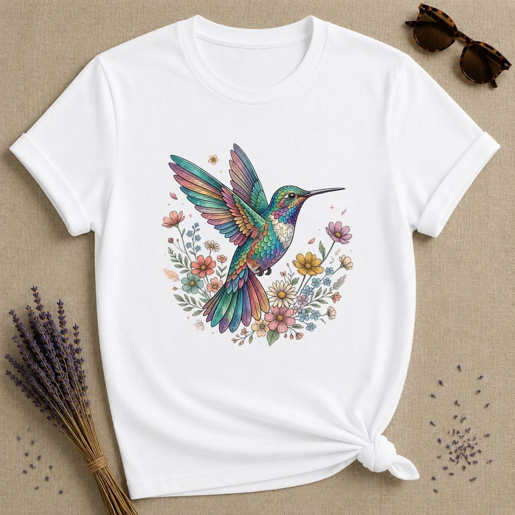 Hummingbird in Bloom — Watercolor Botanical Graphic T-Shirt for Women in White