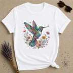 Hummingbird in Bloom — Watercolor Botanical Graphic T-Shirt for Women in White