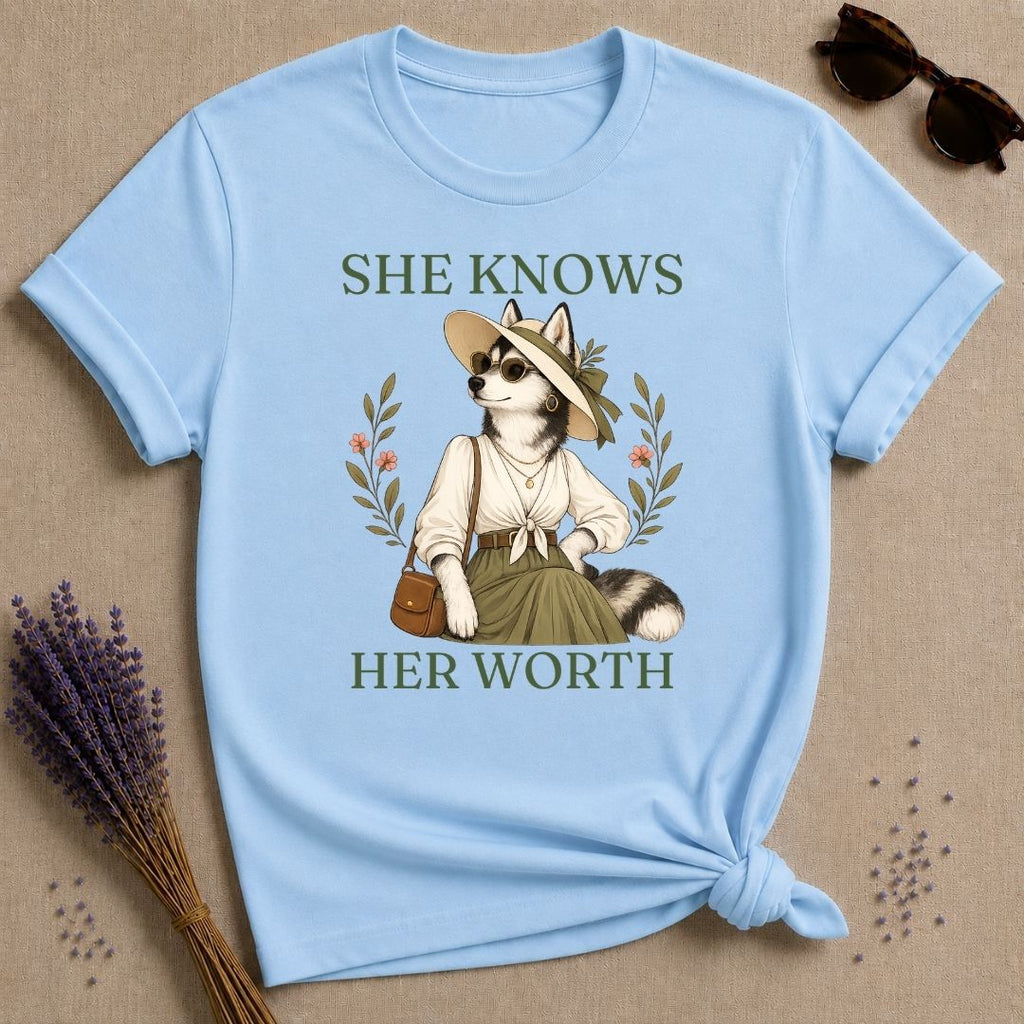 Husky She Knows Her Worth T-Shirt - Light Blue