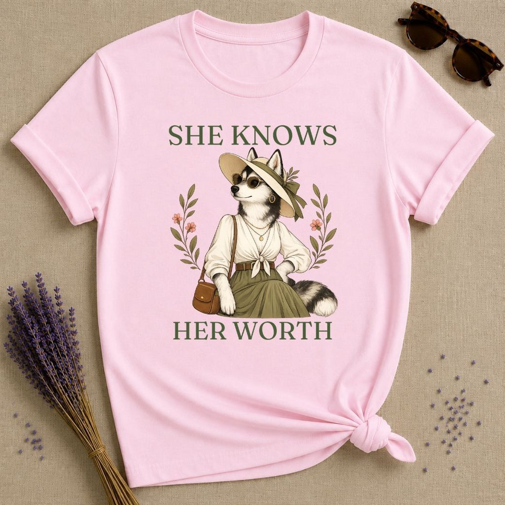 Husky She Knows Her Worth T-Shirt - Light Pink