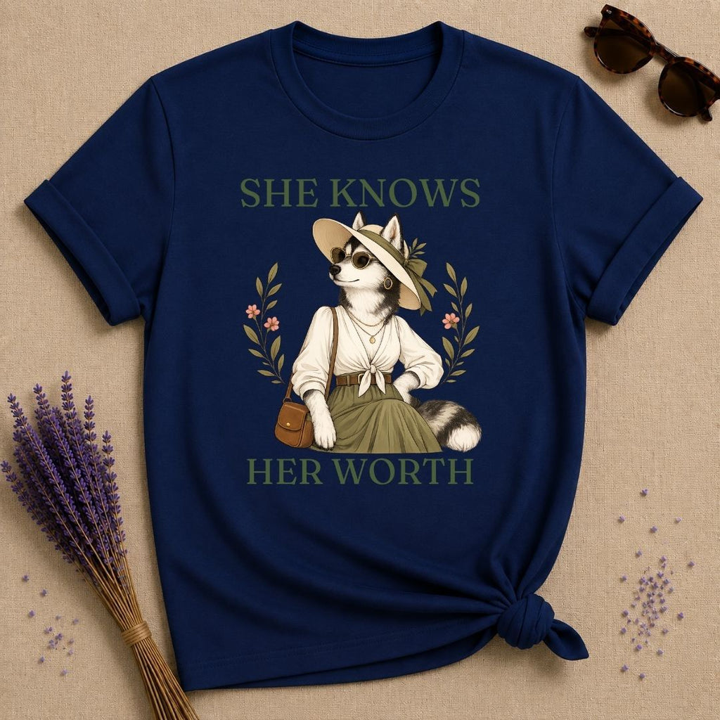 Husky She Knows Her Worth T-Shirt - Navy