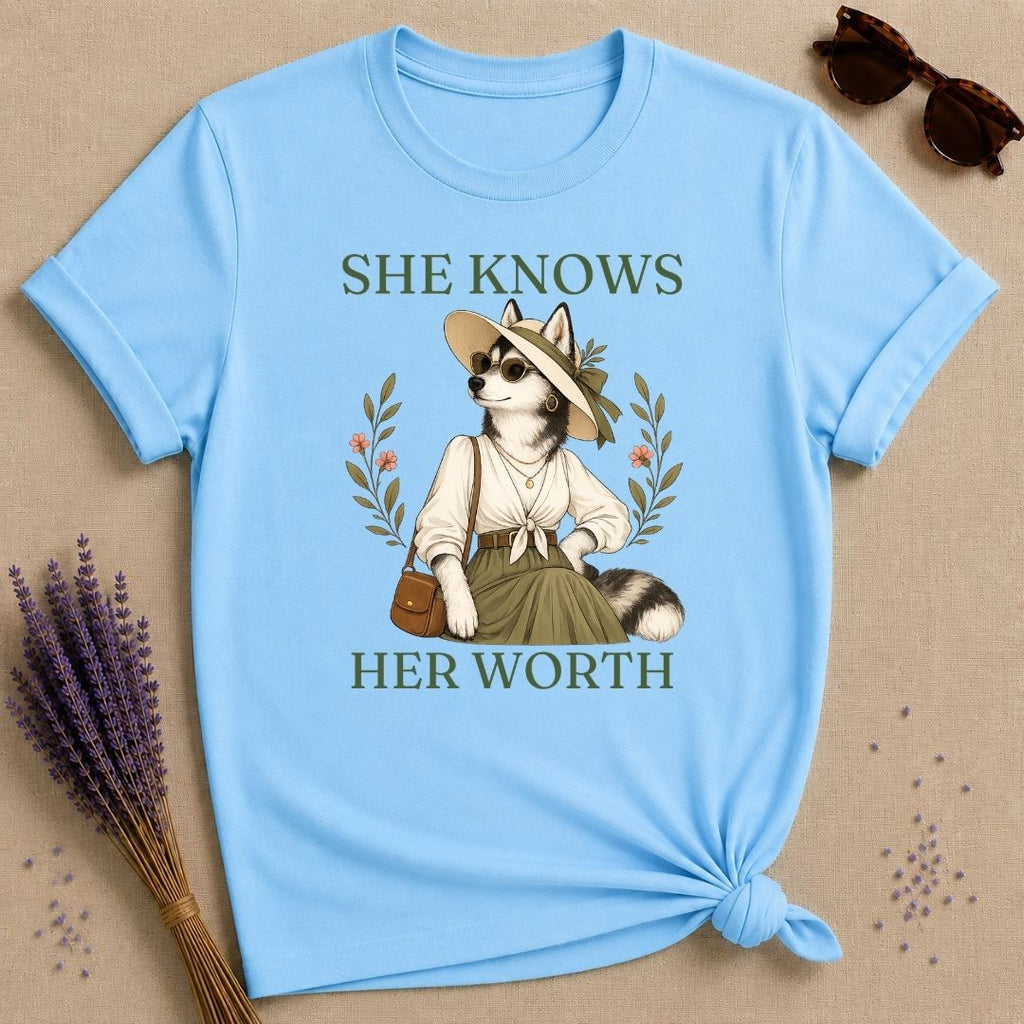 Husky She Knows Her Worth T-Shirt - Sky