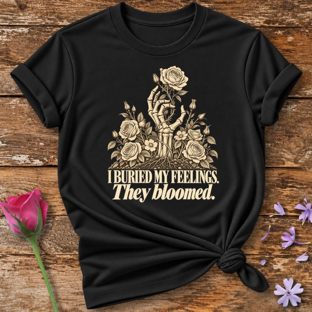 I Buried My Feelings. They Bloomed. — Skeletal Hand Rose T-Shirt for Women in Black
