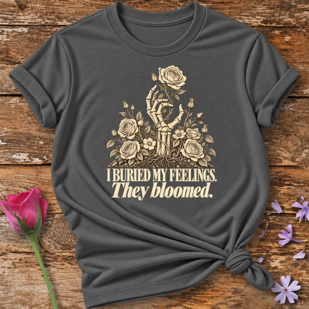 I Buried My Feelings. They Bloomed. — Skeletal Hand Rose T-Shirt for Women in Charcoal