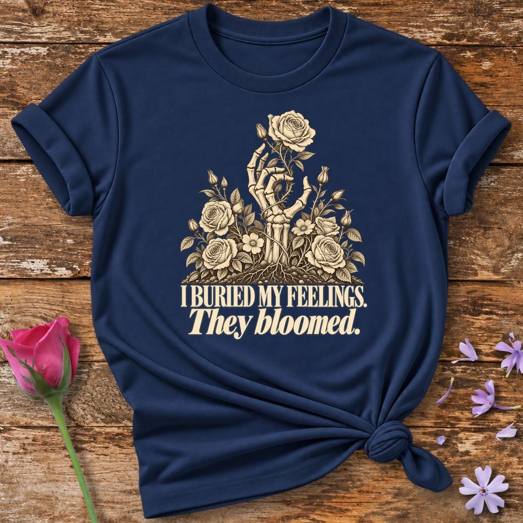 I Buried My Feelings. They Bloomed. — Skeletal Hand Rose T-Shirt for Women in Navy