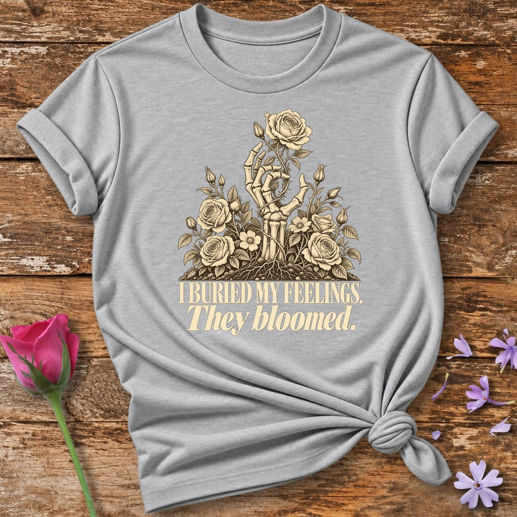 I Buried My Feelings. They Bloomed. — Skeletal Hand Rose T-Shirt for Women in Sport Grey