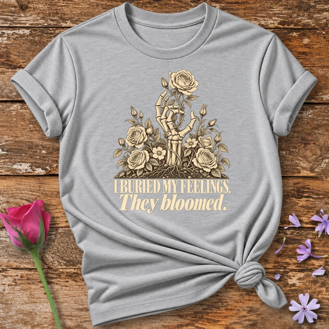 I Buried My Feelings. They Bloomed. — Skeletal Hand Rose T-Shirt for Women in Sport Grey