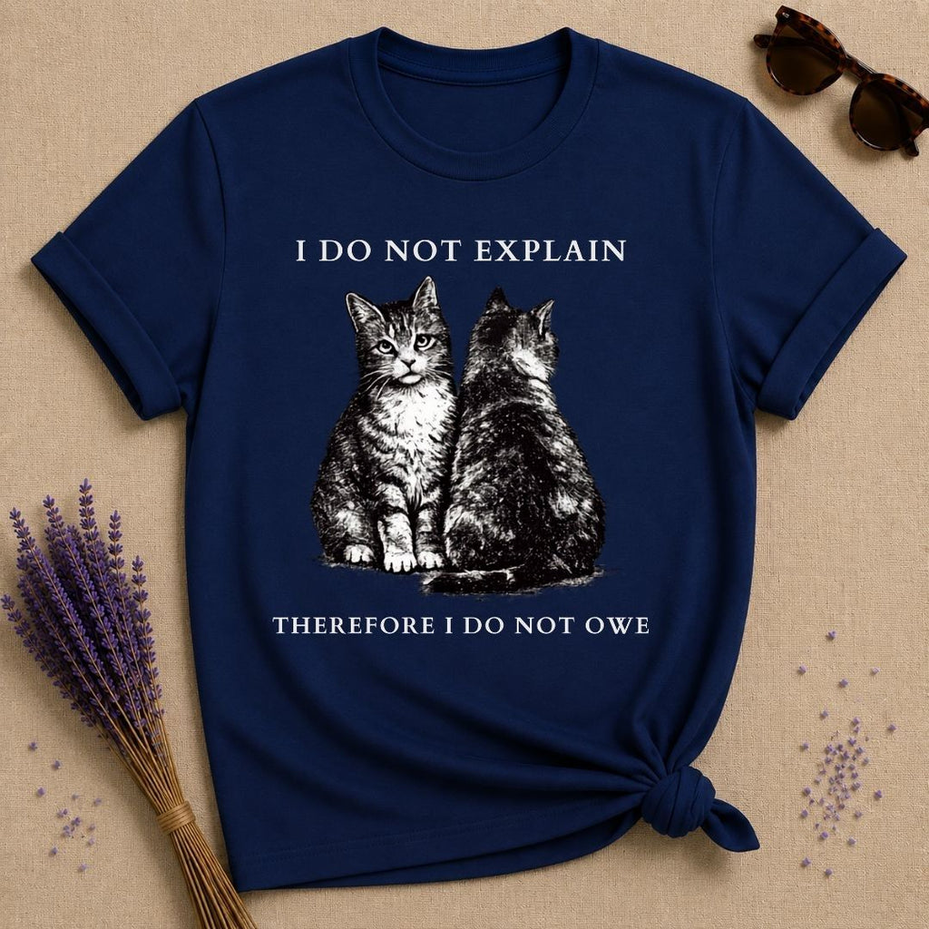 I Do Not Explain Therefore I Do Not Owe — Washed Out Vintage Cat T-Shirt for Women in Navy