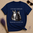 I Do Not Explain Therefore I Do Not Owe — Washed Out Vintage Cat T-Shirt for Women in Navy