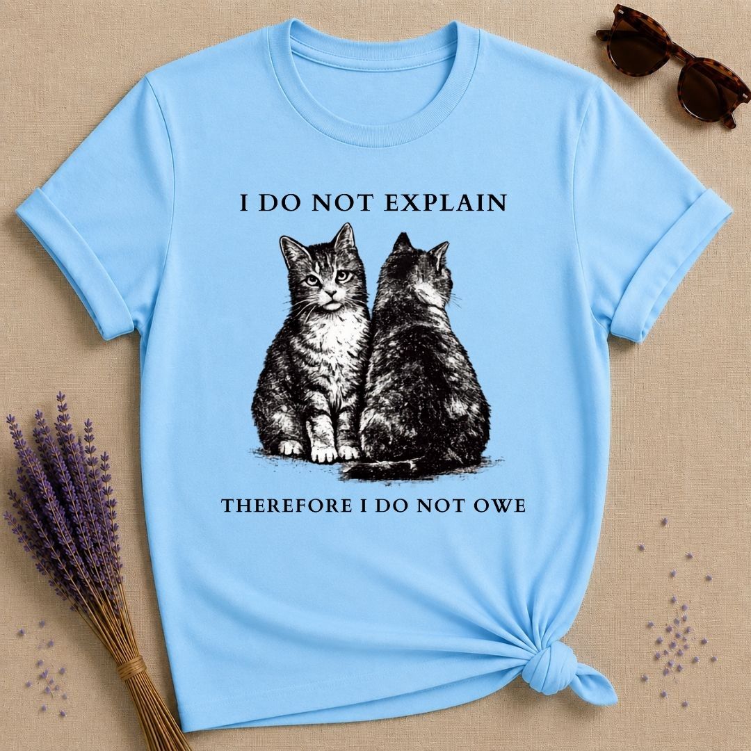 I Do Not Explain Therefore I Do Not Owe — Washed Out Vintage Cat T-Shirt for Women in Sky