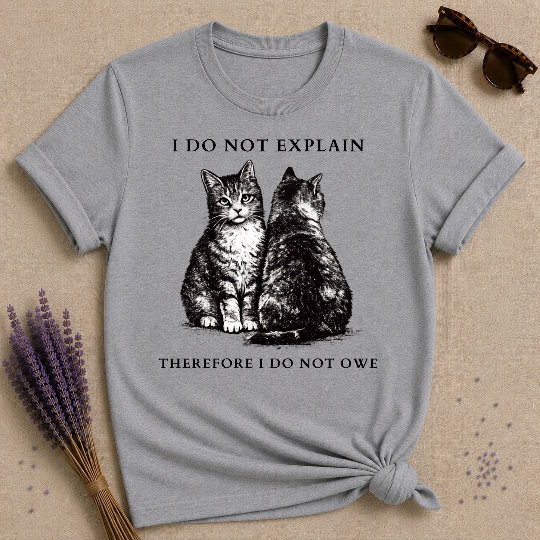I Do Not Explain Therefore I Do Not Owe — Washed Out Vintage Cat T-Shirt for Women in Sport Grey