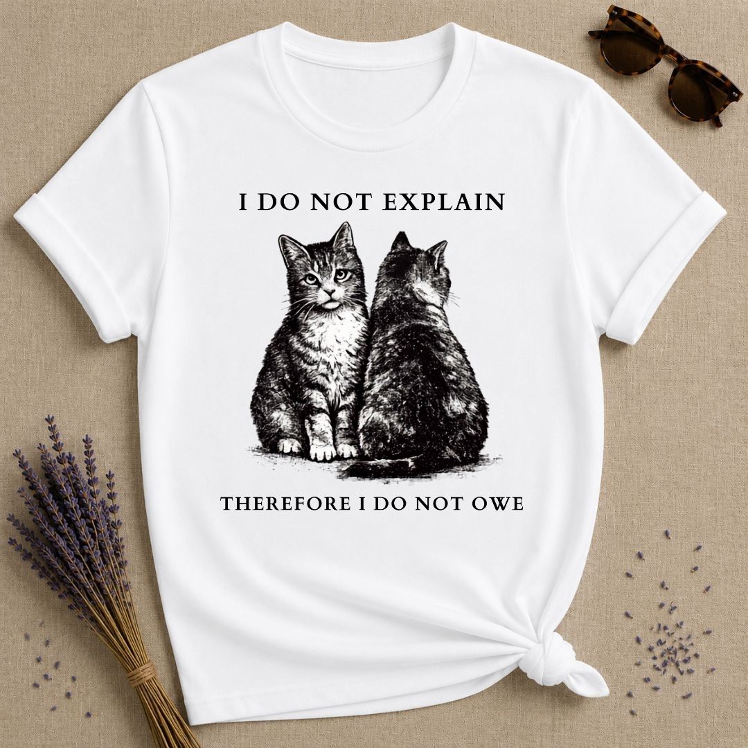 I Do Not Explain Therefore I Do Not Owe — Washed Out Vintage Cat T-Shirt for Women in White