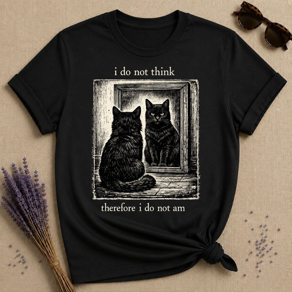 I Do Not Think Therefore I Do Not Am — Black Cat Humor T-Shirt for Women in Black