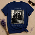 I Do Not Think Therefore I Do Not Am — Black Cat Humor T-Shirt for Women in Navy