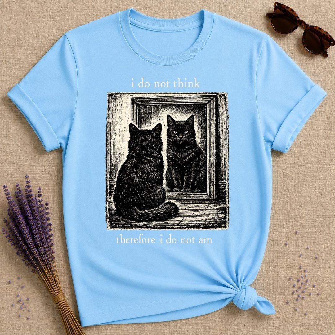 I Do Not Think Therefore I Do Not Am — Black Cat Humor T-Shirt for Women in Sky