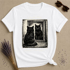 I Do Not Think Therefore I Do Not Am — Black Cat Humor T-Shirt for Women in White
