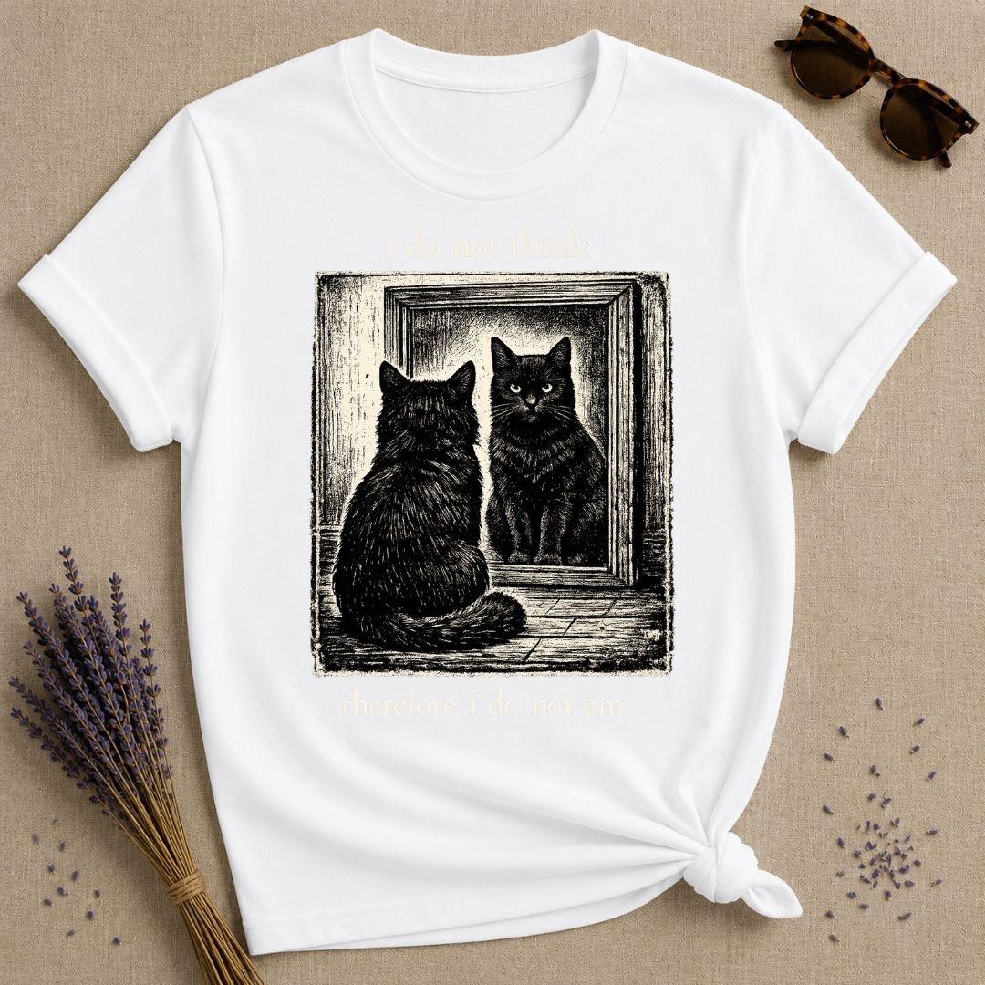 I Do Not Think Therefore I Do Not Am — Black Cat Humor T-Shirt for Women in White