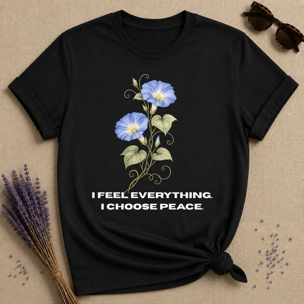 She Chose Peace — Morning Glory Botanical T-Shirt for Women in Black