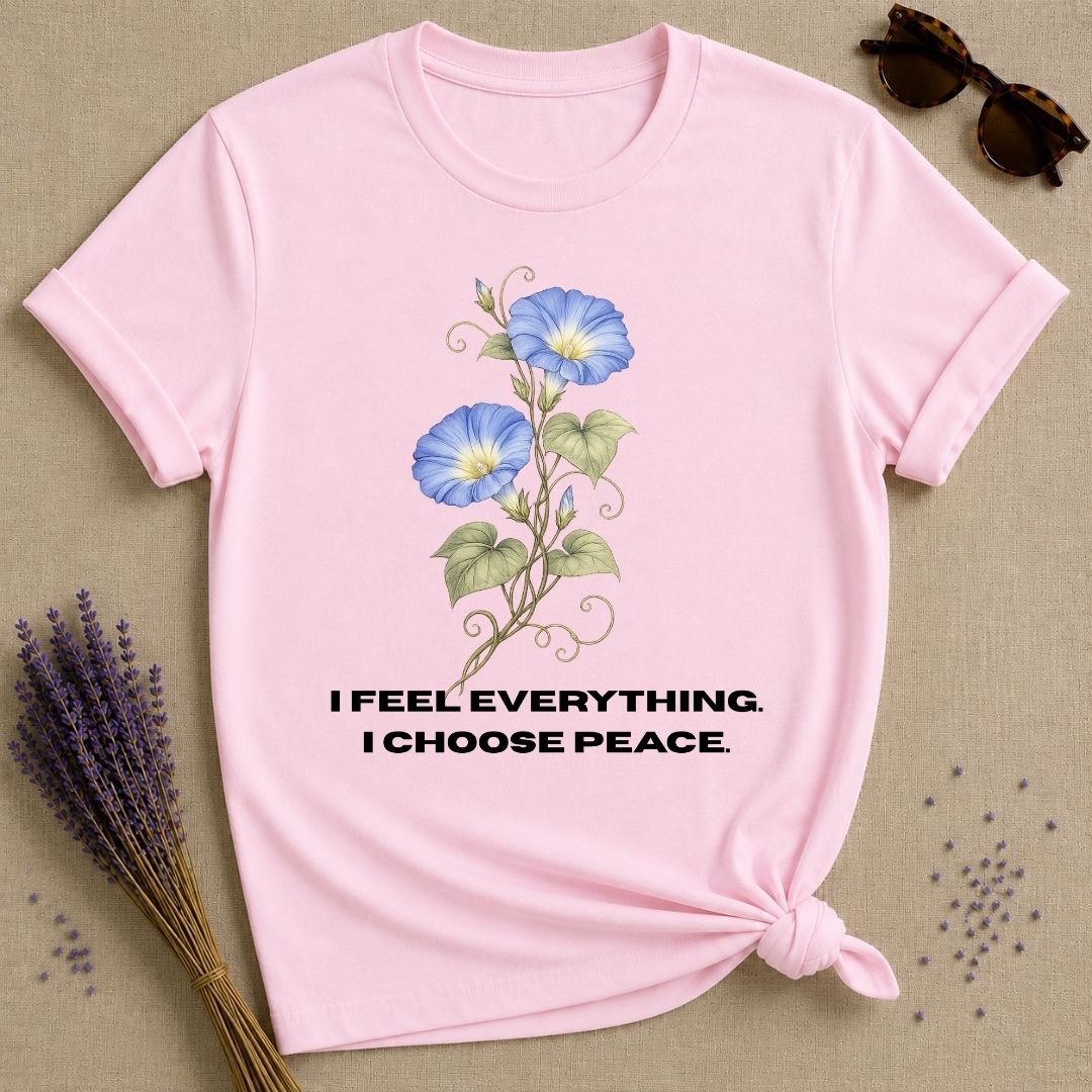 She Chose Peace — Morning Glory Botanical T-Shirt for Women in Light Pink