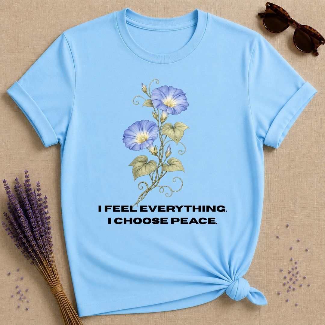 She Chose Peace — Morning Glory Botanical T-Shirt for Women in Sky