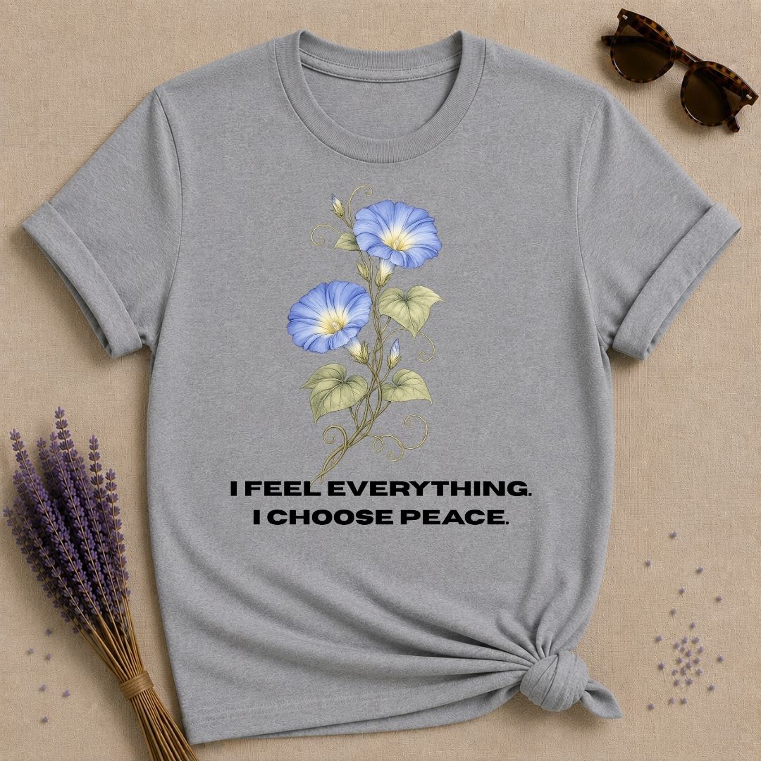 She Chose Peace — Morning Glory Botanical T-Shirt for Women in Sport Grey