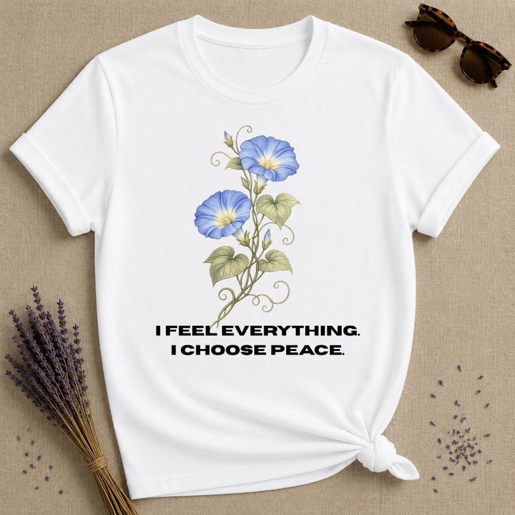 She Chose Peace — Morning Glory Botanical T-Shirt for Women in White