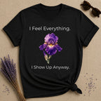She Shows Up Anyway — Iris Floral Empowerment T-Shirt for Women in Black