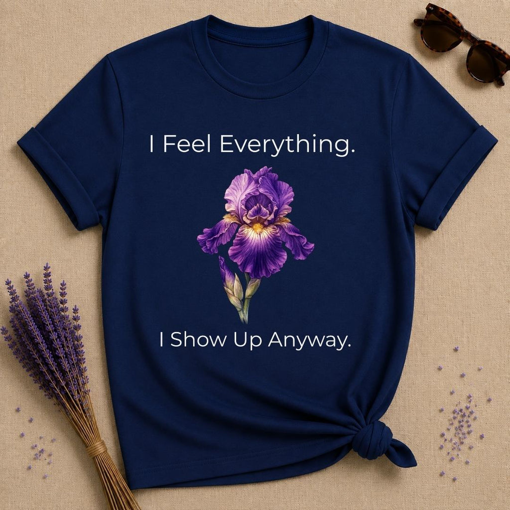 She Shows Up Anyway — Iris Floral Empowerment T-Shirt for Women in Navy