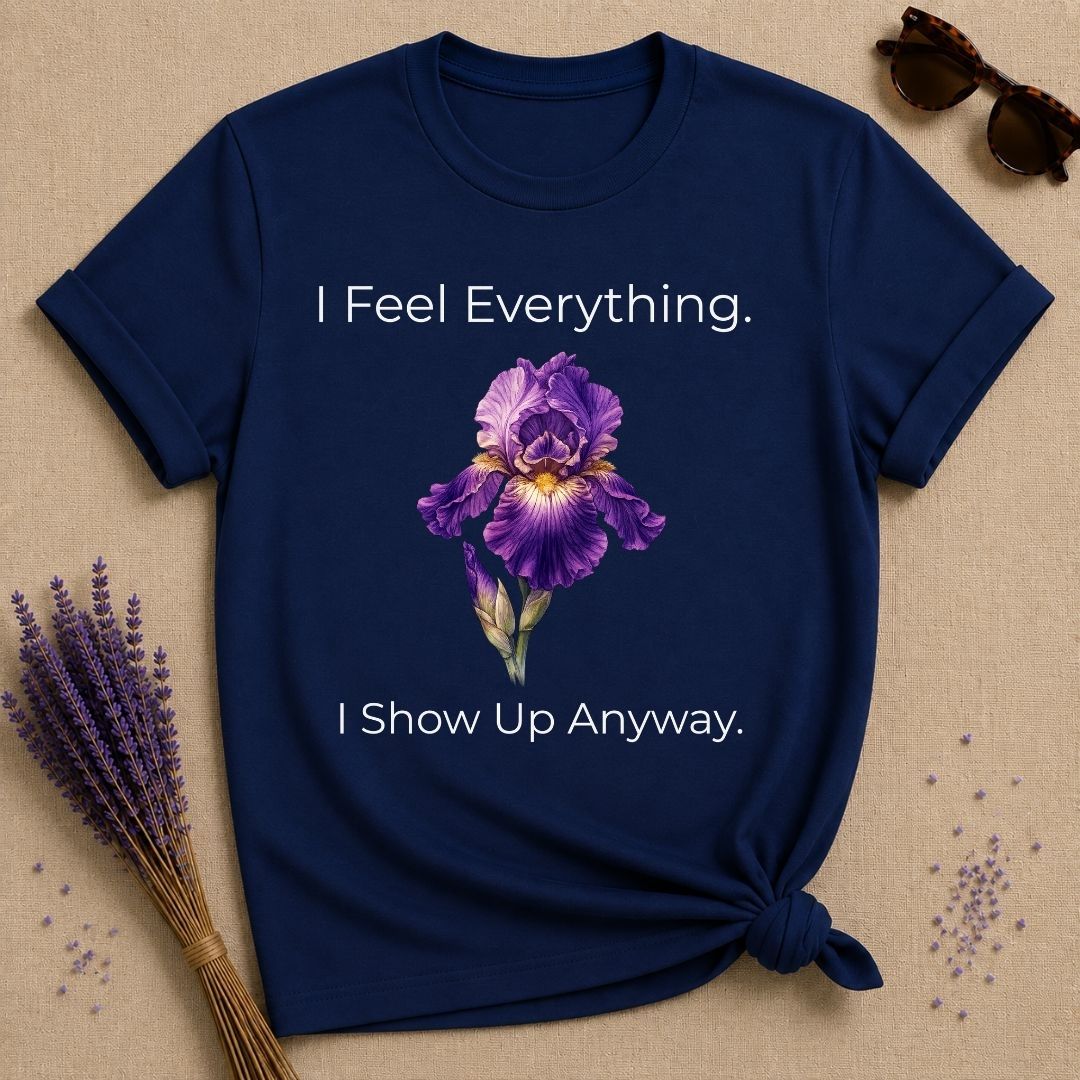 She Shows Up Anyway — Iris Floral Empowerment T-Shirt for Women in Navy